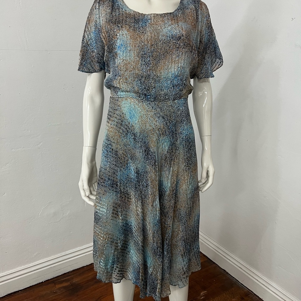 The Silk Farm Blue and Gray Flutter Sleeve Midi Sundress